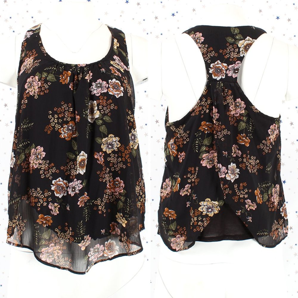 Floral Tulip Back Chiffon Tank Black